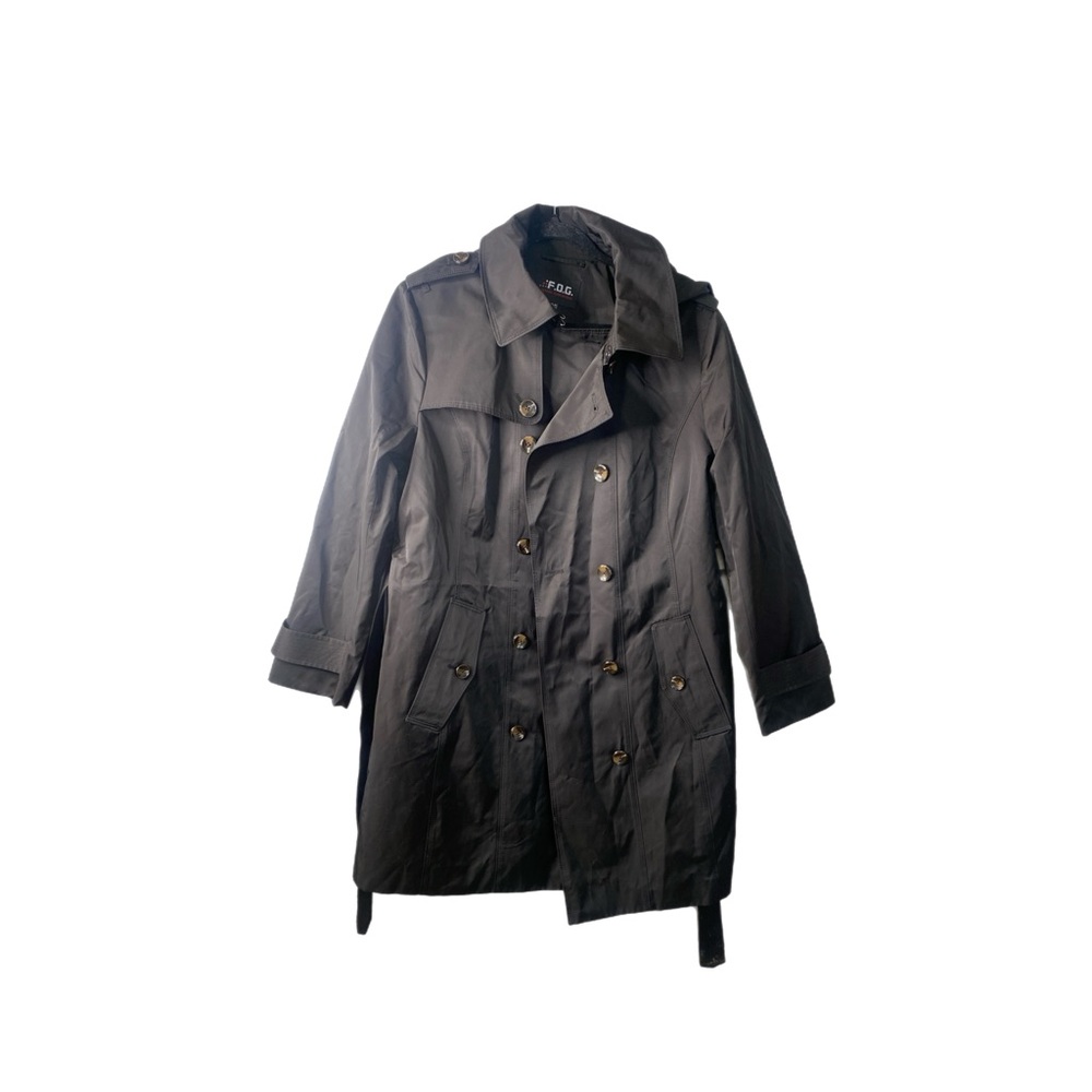 F.O.G Woman’s Double Breasted, Belted, Black Hooded Trench Coat, Size XL NWT
